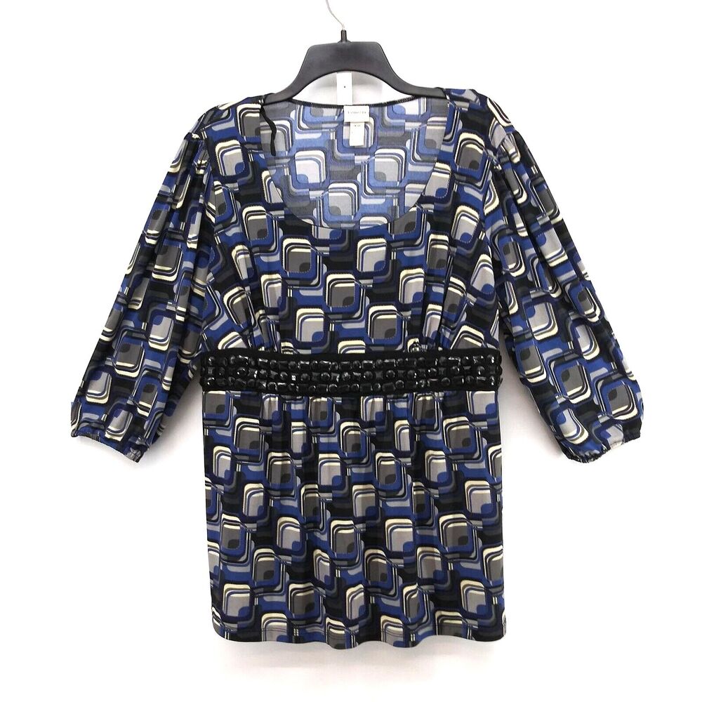 Venezia Shirt Womens Size 18/20 Blue Geometric Beaded Waist Line Pullover Blouse